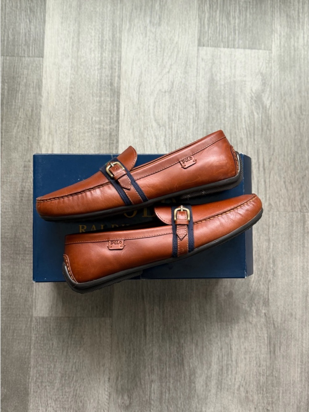 Polo by Ralph Lauren Brown Leather Loafers with Navy & Green Strap - Picture 2 of 4